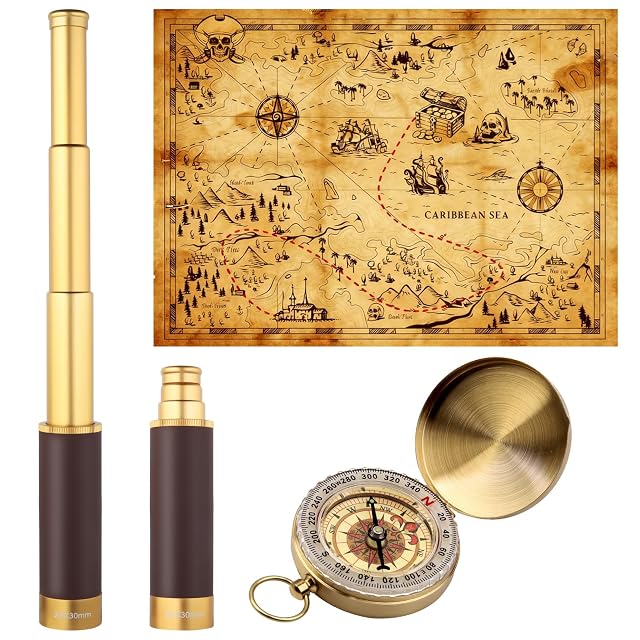 Cannocchiale retrò pirata Ventisera con bussola e mappa del tesoro