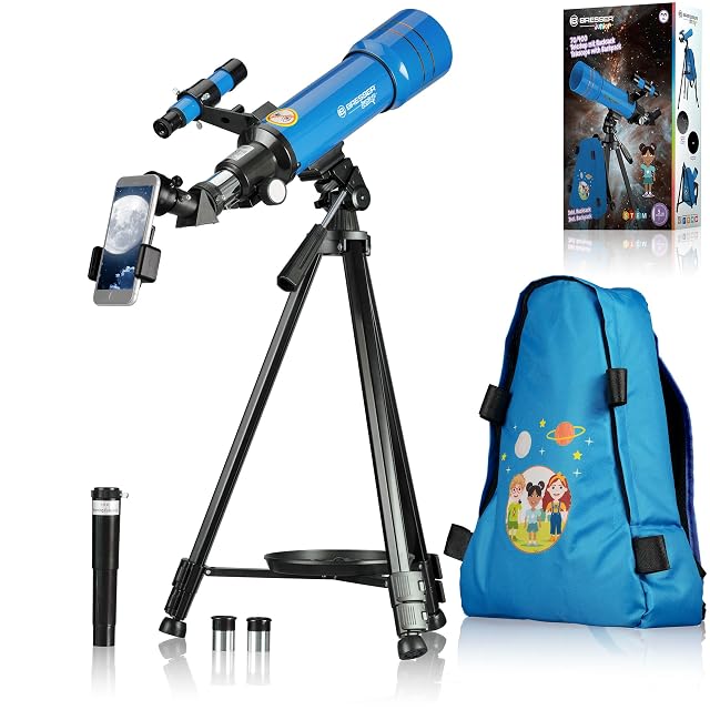 Rifrattore Bresser JUNIOR 70/400 sul suo treppiede con lo zaino fornito